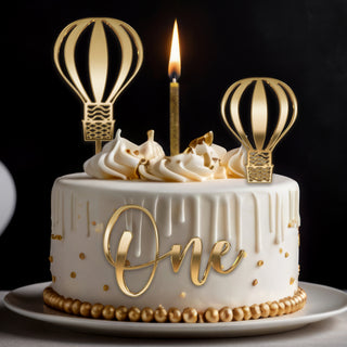 Gold Acrylic Cake Topper Set with Candle | 'One' Side Topper + 2 Balloon Toppers | 1st Birthday Decoration | Gold Candle Included