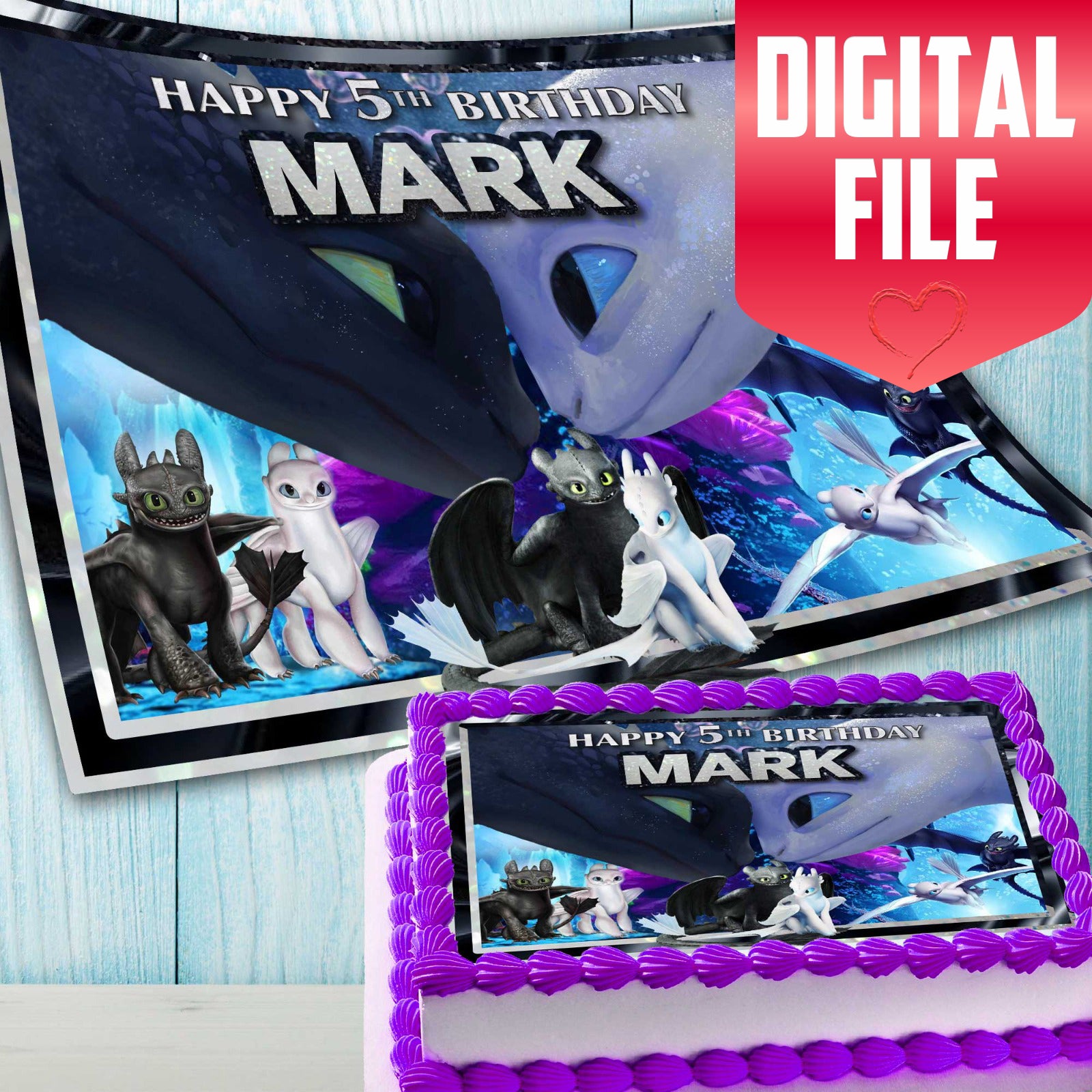 Printable digital file for dragon-themed birthday cake topper with fantasy characters