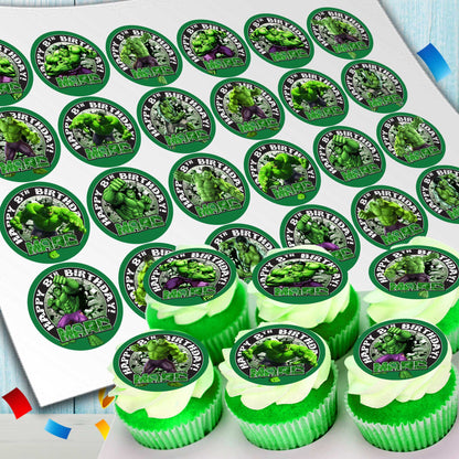 Edible Hulk cupcake toppers with personalization 24 ready-made pieces - on waffle paper, sugar sheet or no-cut Chocotransfer