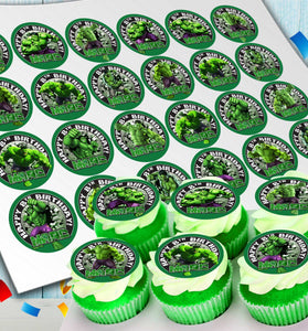 Edible Hulk cupcake toppers with personalization 24 ready-made pieces - on waffle paper, sugar sheet or no-cut Chocotransfer