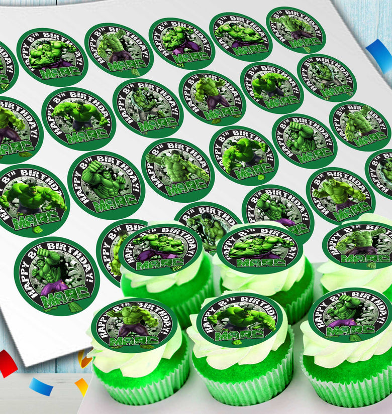Edible Hulk cupcake toppers with personalization 24 ready-made pieces - on waffle paper, sugar sheet or no-cut Chocotransfer