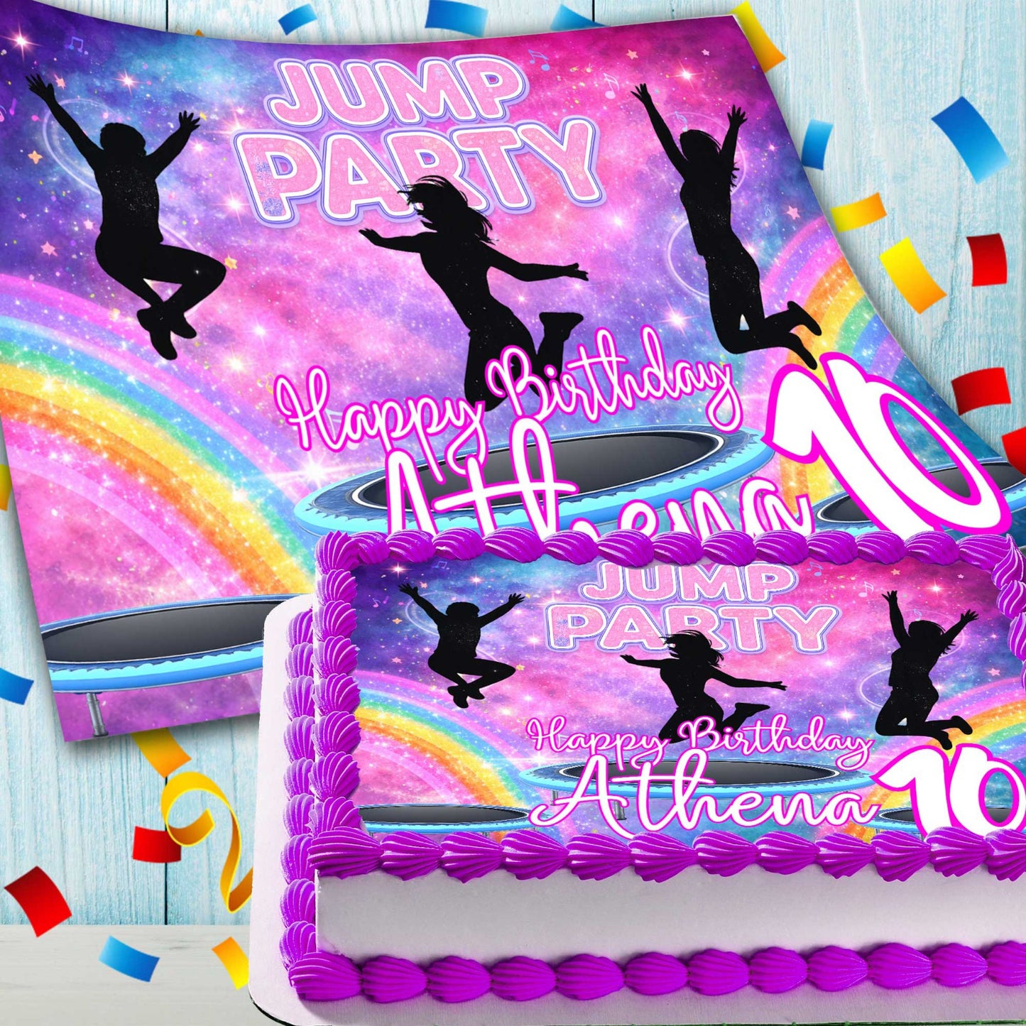 Trampoline birthday edible cake topper with colorful silhouettes and rainbow background