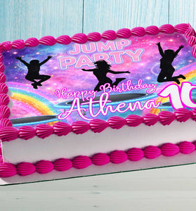 Jump party cake topper with trampoline theme and personalized name and age on birthday cake