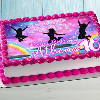 Jump party cake topper with trampoline theme and personalized name and age on birthday cake