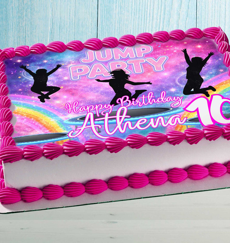 Jump party cake topper with trampoline theme and personalized name and age on birthday cake