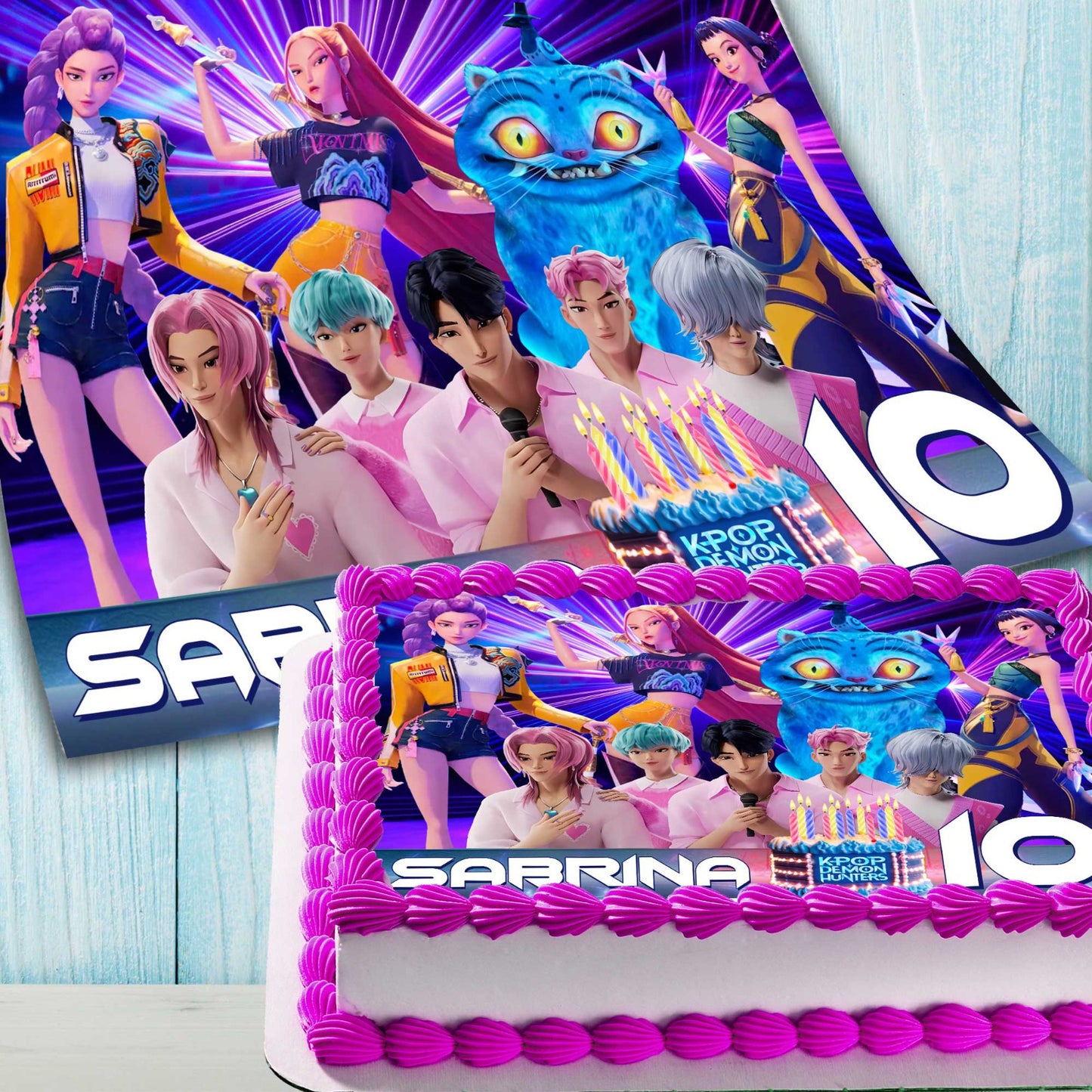 K-Pop inspired anime-style birthday cake with colorful edible topper and purple frosting