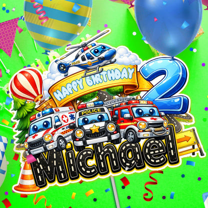 Kids vehicles birthday cake topper design with police car, fire truck, ambulance and helicopter, custom name and age