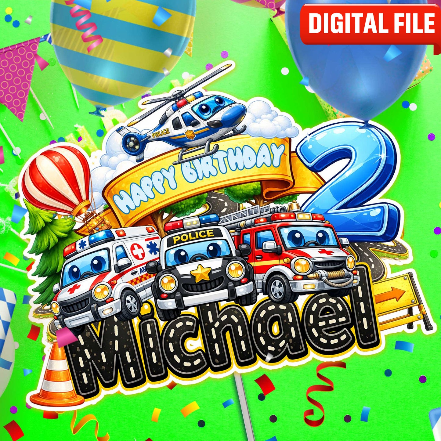 Kids vehicles birthday cake topper digital file, printable design with emergency vehicles and custom name and age