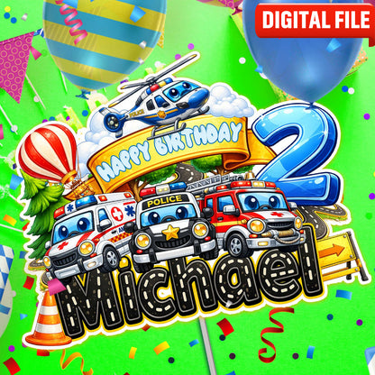 Kids vehicles birthday cake topper digital file, printable design with emergency vehicles and custom name and age
