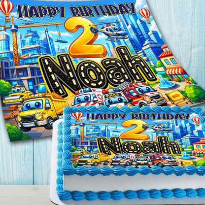 Printable kids vehicles birthday cake topper design with cars, helicopter and city background