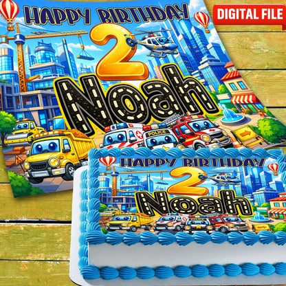 Kids Vehicles Birthday cake topper digital file – custom name and age for birthday cake