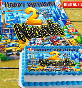 Kids Vehicles Birthday cake topper digital file – custom name and age for birthday cake