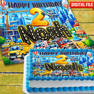 Kids Vehicles Birthday cake topper digital file – custom name and age for birthday cake