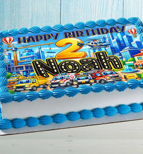 Kids vehicles birthday cake topper on cake, personalized with name and age, city construction theme
