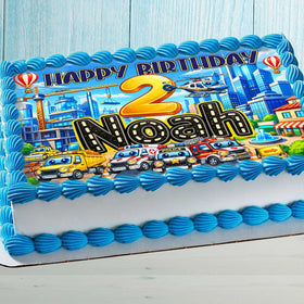 Kids Vehicles Birthday Cake Topper – Cars & City Theme with Name and Age