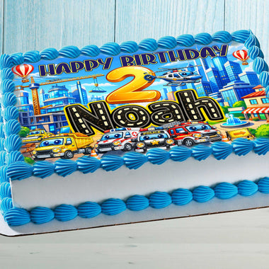 Kids vehicles birthday cake topper on cake, personalized with name and age, city construction theme