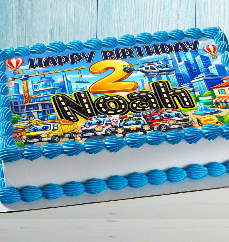 Kids Vehicles Birthday Cake Topper – Cars & City Theme with Name and Age