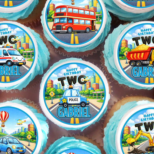 Kids vehicles cupcake toppers with police car and name Gabriel, personalized edible birthday decorations for boys