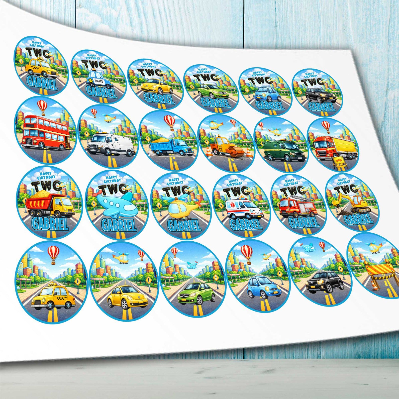 Set of 24 kids vehicles cupcake toppers sheet, personalized edible circles with cars, trucks and helicopter design