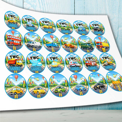 Set of 24 kids vehicles cupcake toppers sheet, personalized edible circles with cars, trucks and helicopter design