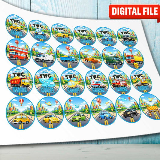 Kids Vehicles Cupcake Toppers – Set of 24 Personalized Edible Circles with Name & Age cake topper digital file – custom name and age for birthday cake