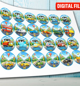 Kids Vehicles Cupcake Toppers – Set of 24 Personalized Edible Circles with Name & Age cake topper digital file – custom name and age for birthday cake