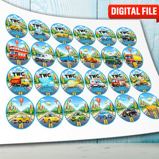 Kids Vehicles Cupcake Toppers – Set of 24 Personalized Edible Circles with Name & Age cake topper digital file – custom name and age for birthday cake