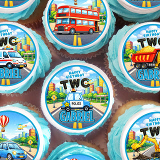 Kids vehicles cupcake toppers with police car and name Gabriel, personalized edible birthday decorations for boys