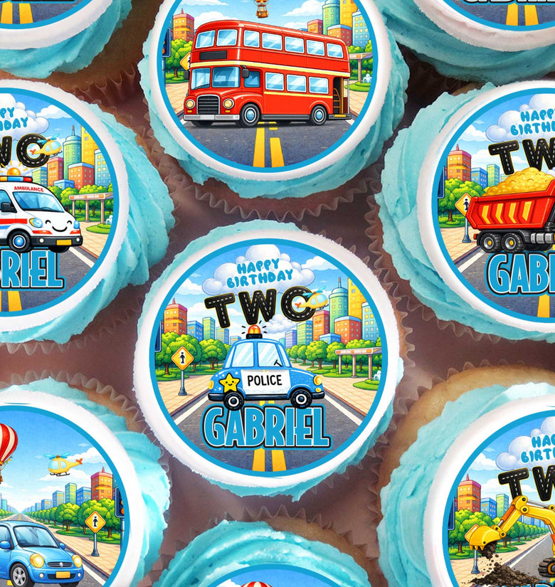Kids Vehicles Cupcake Toppers – Set of 24 Personalized Edible Circles with Name & Age