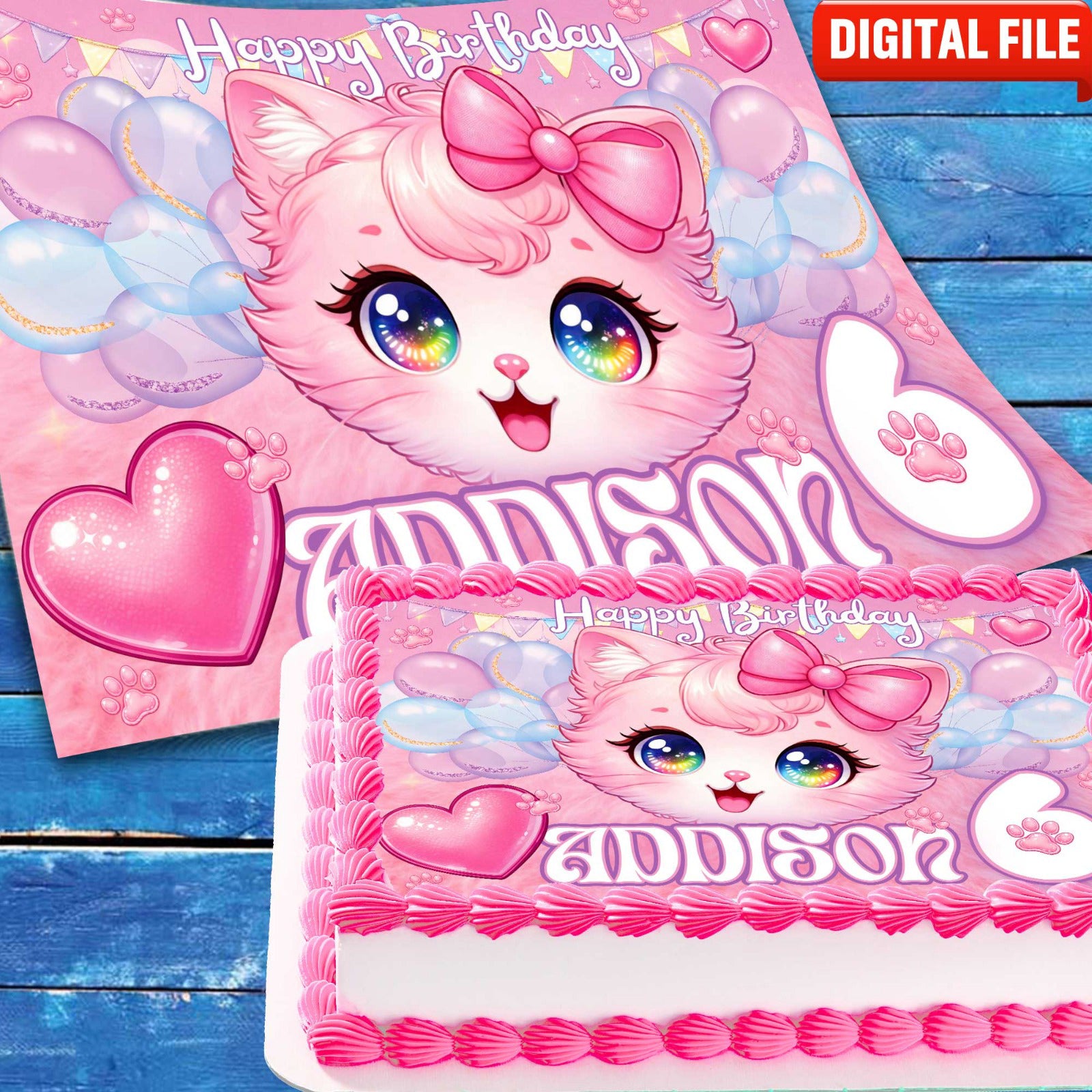 Kitten Birthday cake topper digital file – custom name and age for birthday cake
