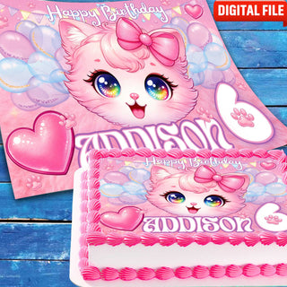 Kitten Birthday cake topper digital file – custom name and age for birthday cake