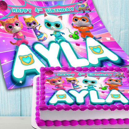 Custom Ghost-Spider inspired Kitty Superhero edible image birthday decoration showing both digital design and finished cake