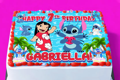 Essbarer Kuchenaufsatz zum Geburtstag mit Lilo &amp; Stitch-Motiv – rechteckiges Design – Oblatenpapier, Zuckerfolie, Chocotransfer