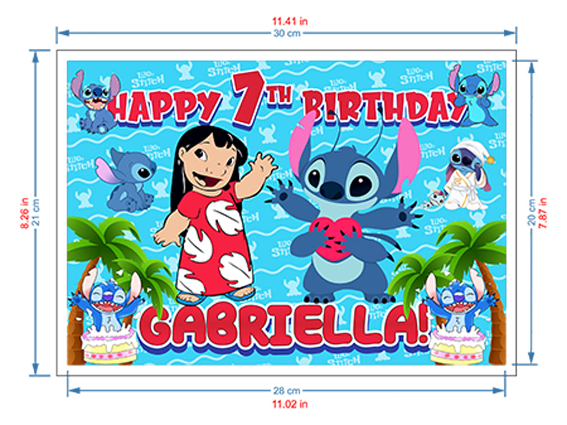 Essbarer Kuchenaufsatz zum Geburtstag mit Lilo &amp; Stitch-Motiv – rechteckiges Design – Oblatenpapier, Zuckerfolie, Chocotransfer