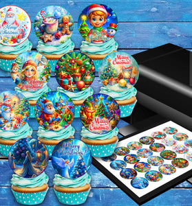 24 Christmas Edible Cupcake Toppers - Precut on Wafer Paper, Sugar Sheet, or without cutting Chocotransfer