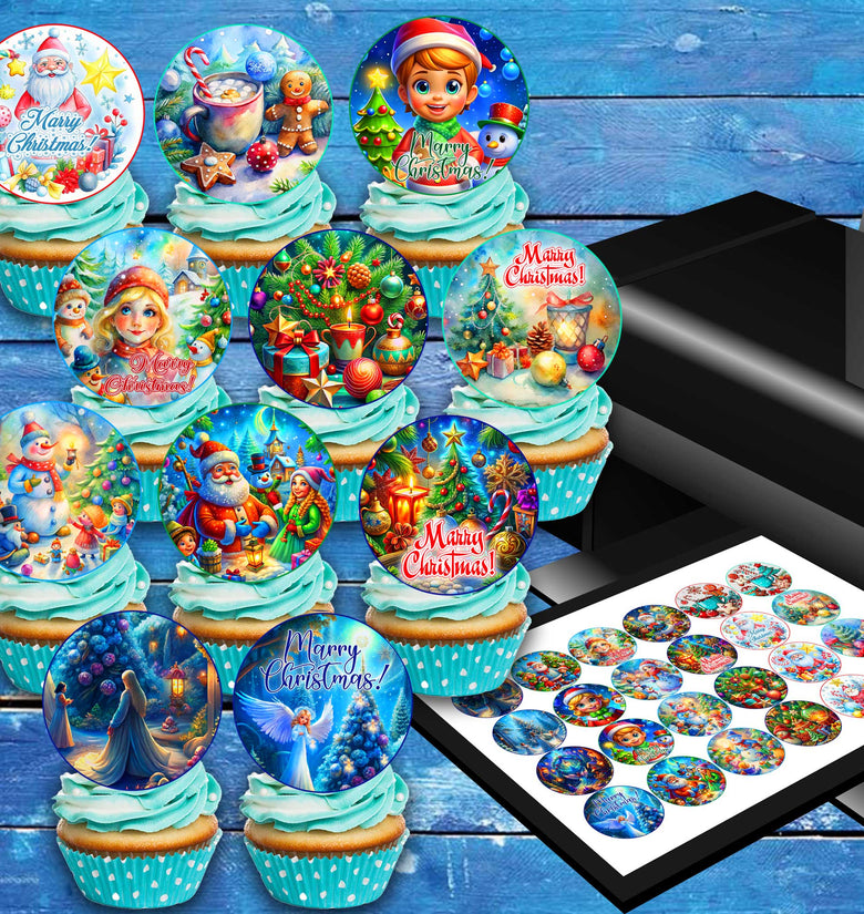 24 Christmas Edible Cupcake Toppers - Precut on Wafer Paper, Sugar Sheet, or without cutting Chocotransfer