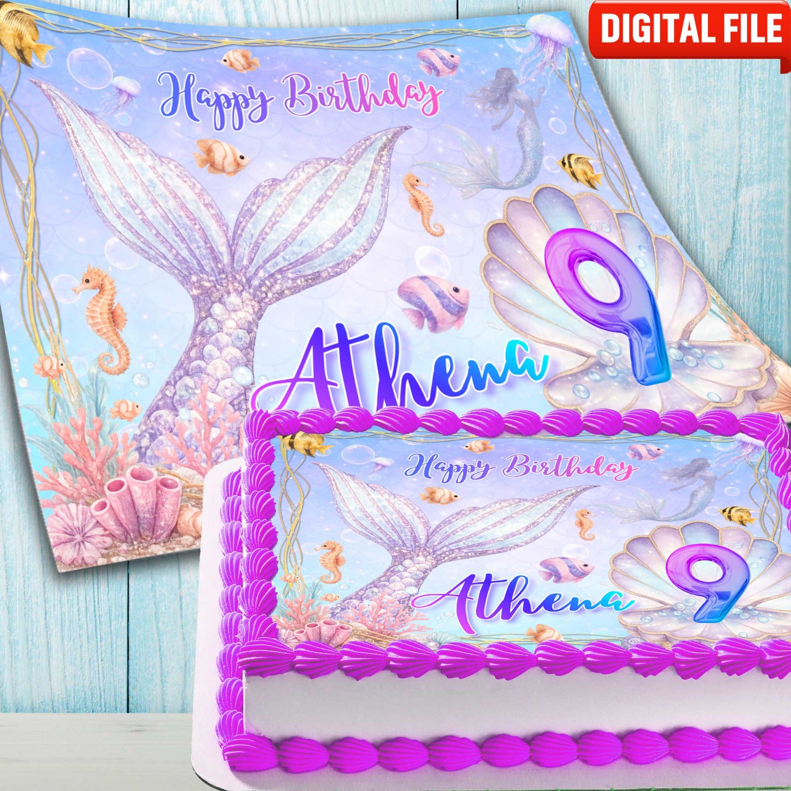 Pastel mermaid themed edible cake topper design