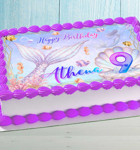 Mermaid birthday cake topper with name on pastel girls cake