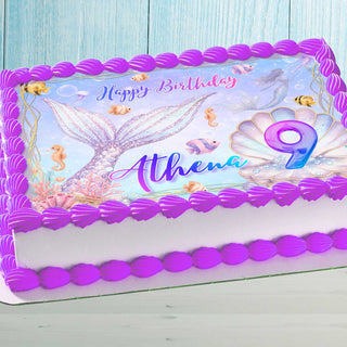 Mermaid birthday cake topper with name on pastel girls cake