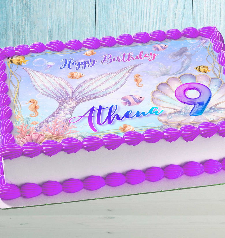 Mermaid birthday cake topper with name on pastel girls cake