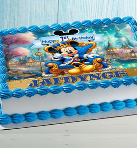 Mickey 1st birthday cake topper with name on blue buttercream cake