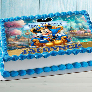 Mickey 1st birthday cake topper with name on blue buttercream cake
