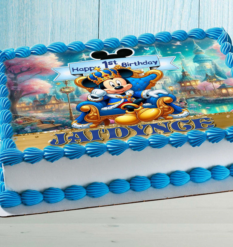 Mickey 1st birthday cake topper with name on blue buttercream cake