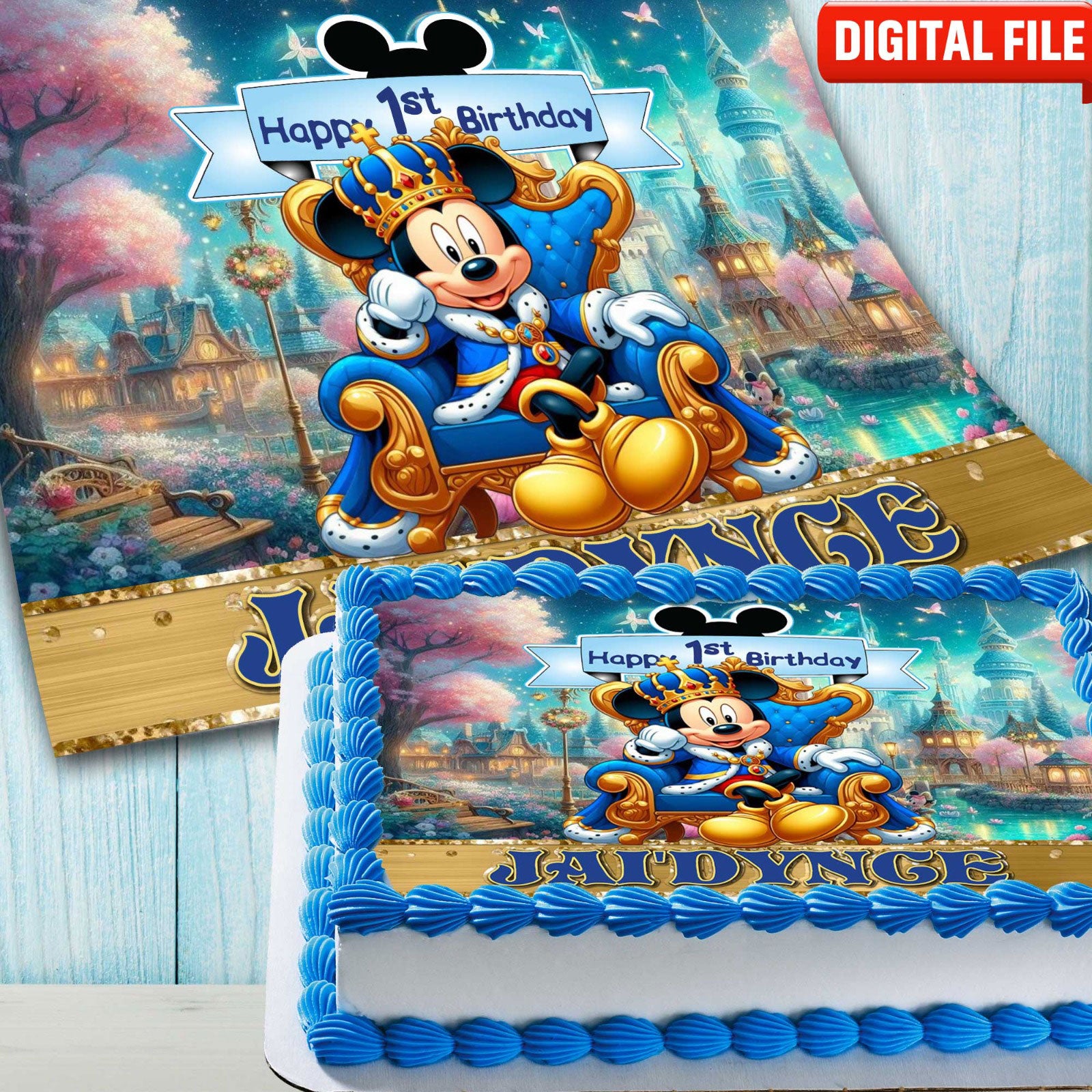 Mickey 1st birthday edible image cake topper close-up design