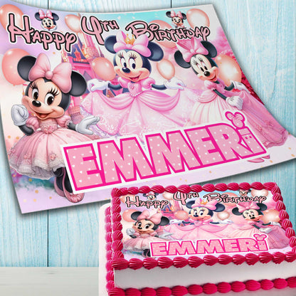 Minnie Mouse Birthday Themed Edible Cake Topper - Rectangular Design - Wafer Paper, Sugar Sheet, Chocotransfer