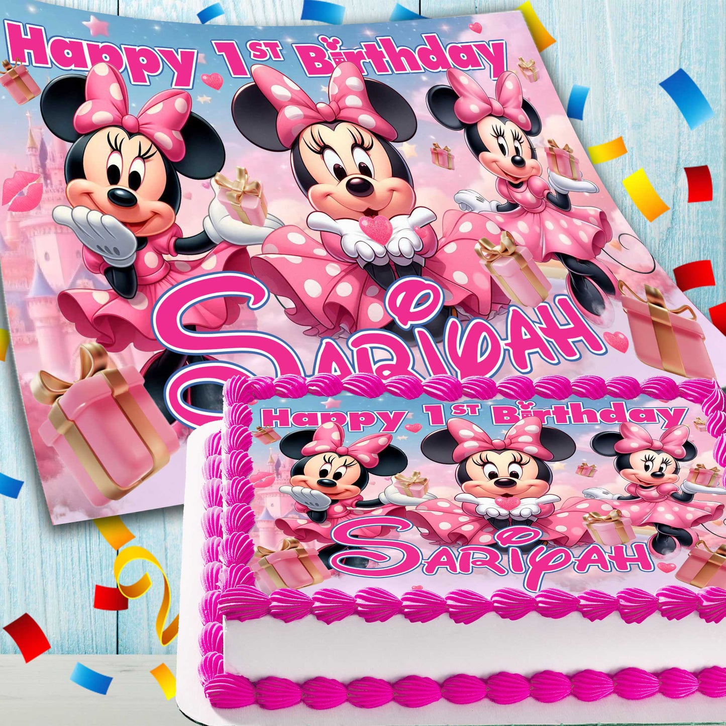 Jedlá ozdoba na dort s motivem narozenin Minnie Mouse - obdélníkový design - oplatkový papír, cukrový plát, čokoládový transfer