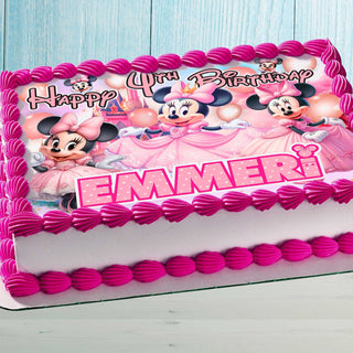Minnie Mouse Birthday Themed Edible Cake Topper - Rectangular Design - Wafer Paper, Sugar Sheet, Chocotransfer