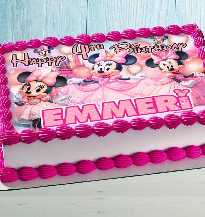 Minnie Mouse Birthday Themed Edible Cake Topper - Rectangular Design - Wafer Paper, Sugar Sheet, Chocotransfer