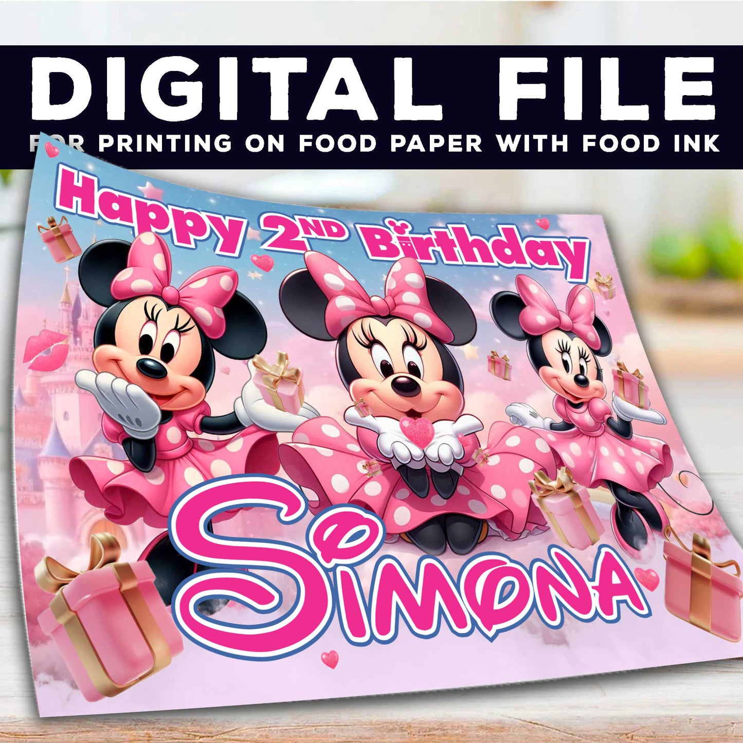 Jedlá ozdoba na dort s motivem narozenin Minnie Mouse - obdélníkový design - oplatkový papír, cukrový plát, čokoládový transfer