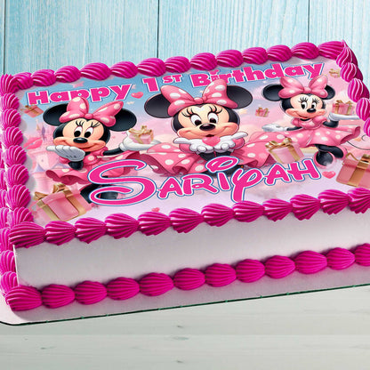 Jedlá ozdoba na dort s motivem narozenin Minnie Mouse - obdélníkový design - oplatkový papír, cukrový plát, čokoládový transfer